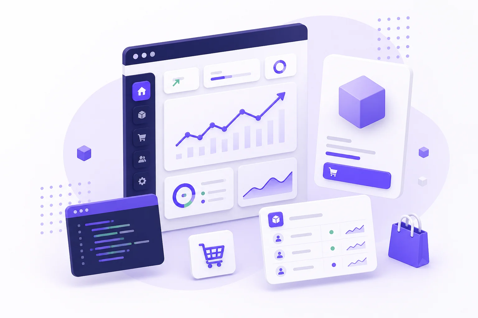 Digital products, ecommerce and analytics illustration