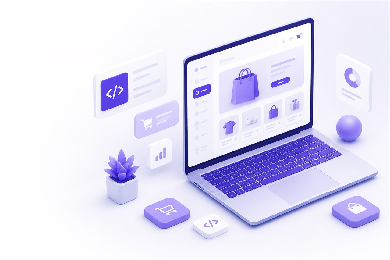 Illustrated ecommerce development workspace